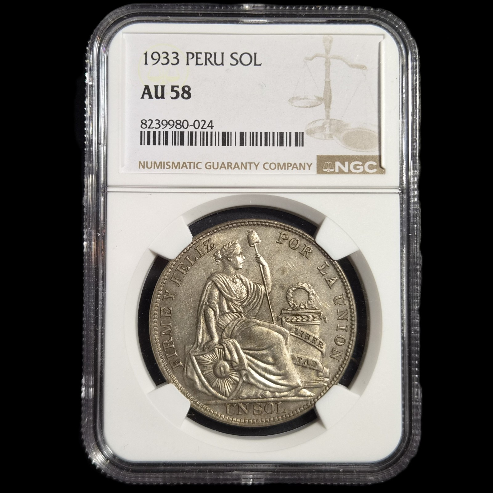 Peru 1 Un Sol Keydate 1933 NGC AU 58 Very Nice Almost MS
