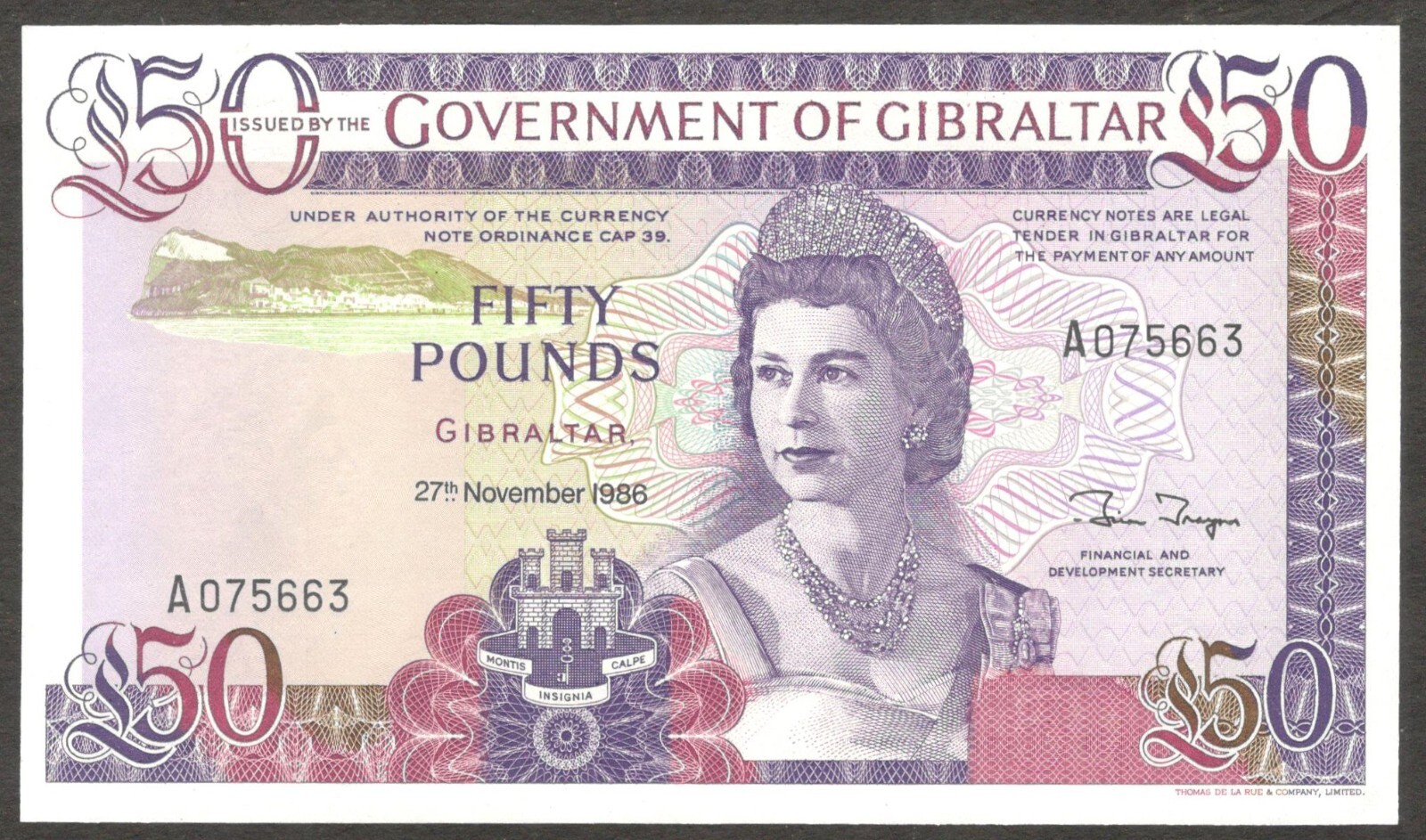 Gibraltar 50 Pounds Queen Elizabeth II P-24 1986 UNC