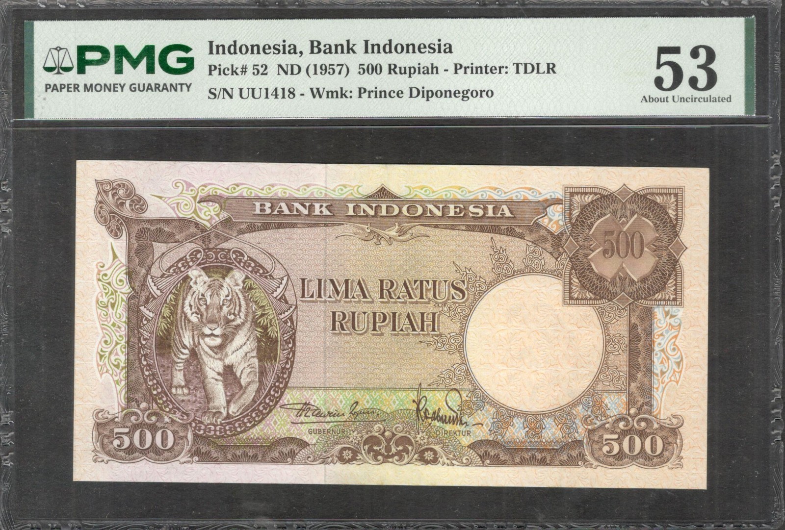 Indonesia 500 Rupiah Tiger 老虎 P-52 1957 PMG 53 Ch AUNC No Remark