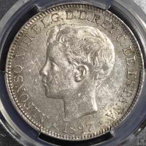 Spanish Philippines Spain 1 Un Peso Alfonso XIII 1897 Original Luster PCGS AU