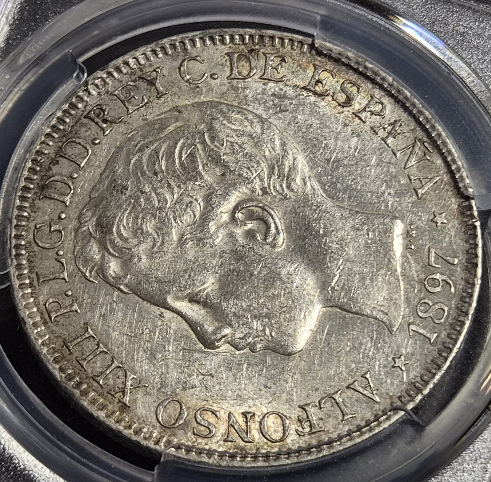 Spanish Philippines Spain 1 Un Peso Alfonso XIII 1897 Original Luster PCGS AU - Image 2