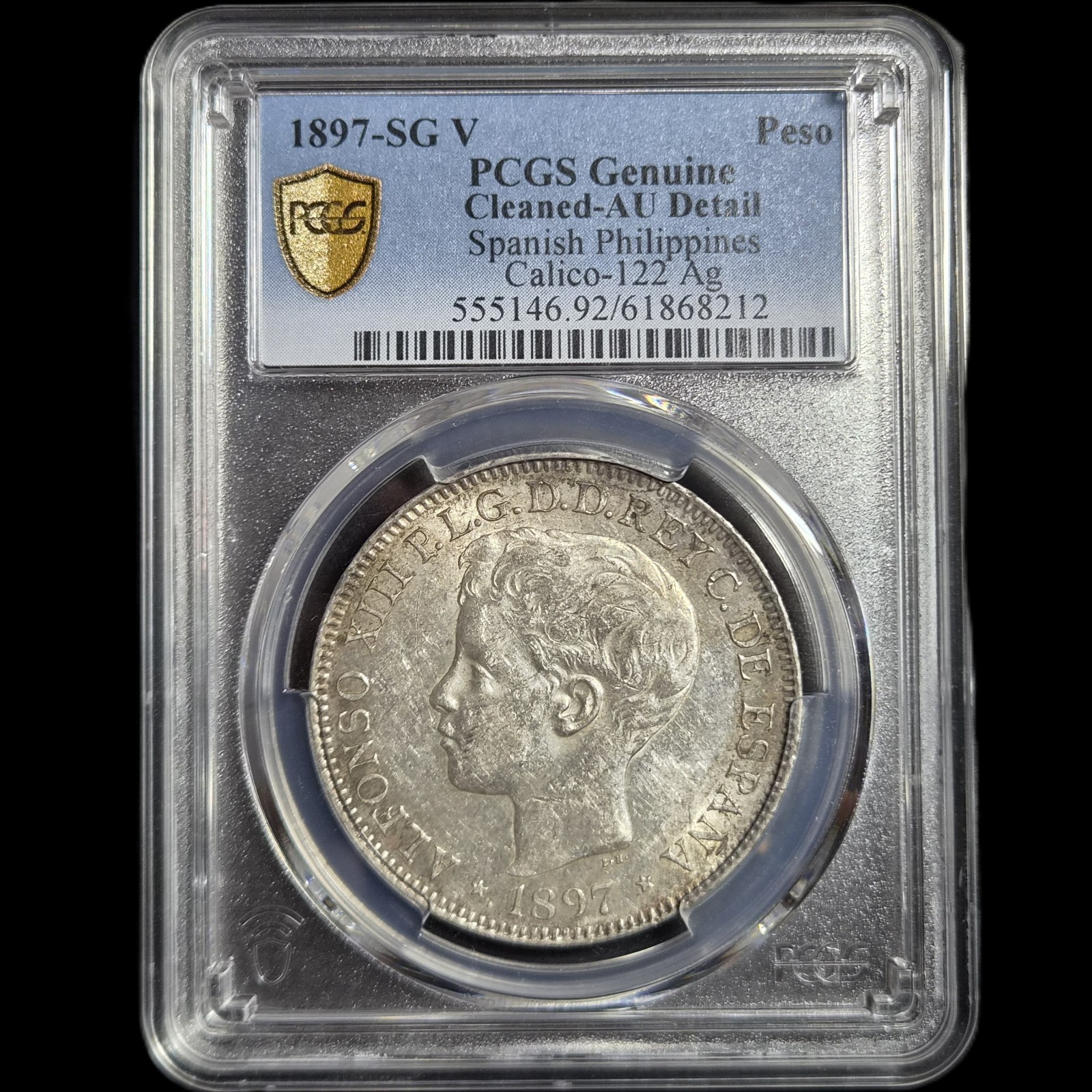 Spanish Philippines Spain 1 Un Peso Alfonso XIII 1897 Original Luster PCGS AU - Image 3