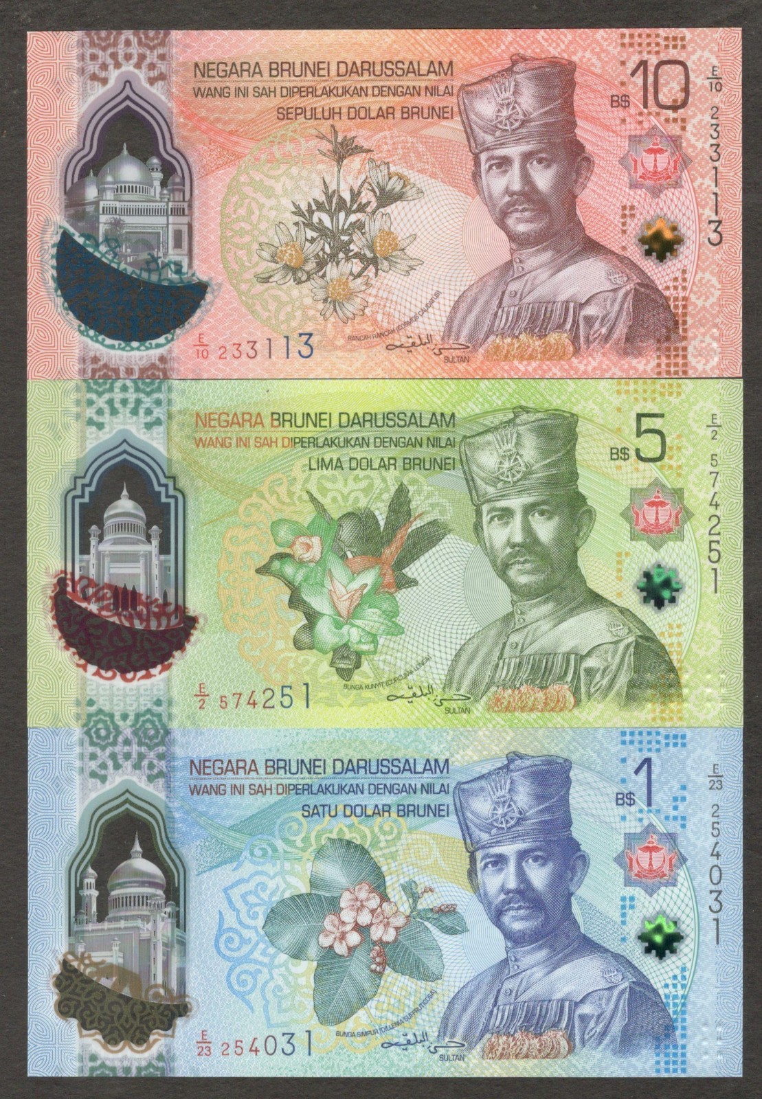 Brunei Darussalam Set 3 Pcs 1 5 10 Dollars Polymer P-41 42 43 2024 (2026) UNC