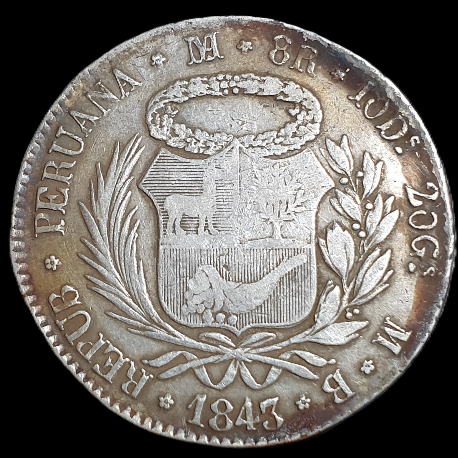 Peru 8 Reales Peruana Standing Liberty 1843 LIMAE MB XF Sharp Detail - Image 2