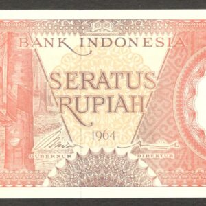 Indonesia 100 Rupiah Rubber Worker Red Imprint 22 mm Long P-97b 1964 UNC