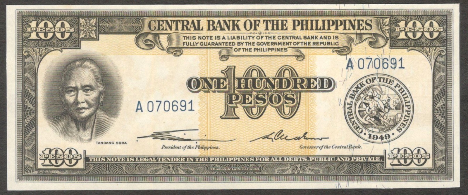 Philippines 100 Pesos Tandang Sora English Series P-139 1949 UNC