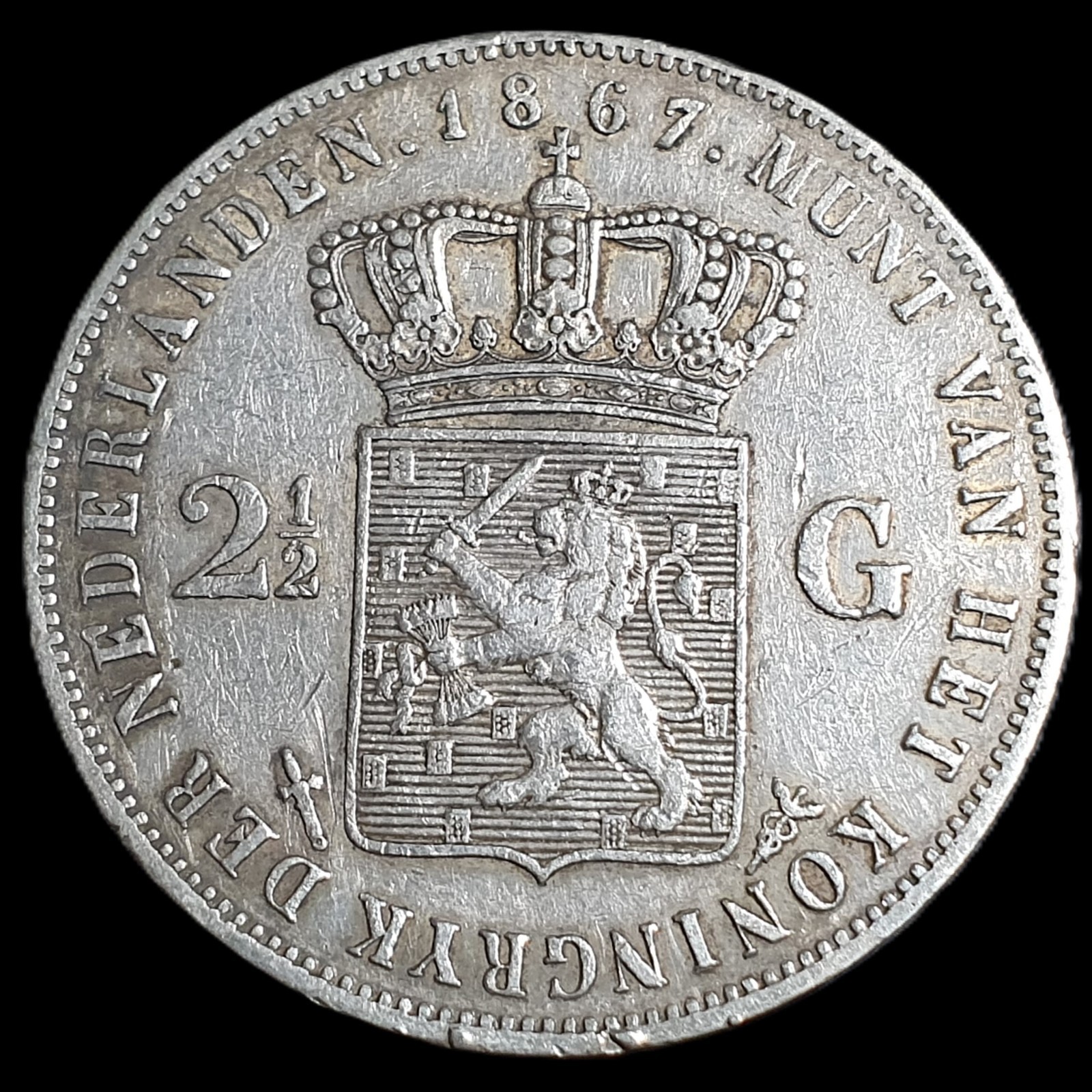 Netherlands 2 1/2 2.5 Gulden Willem William III 1867 VF Sharp Detail - Image 2