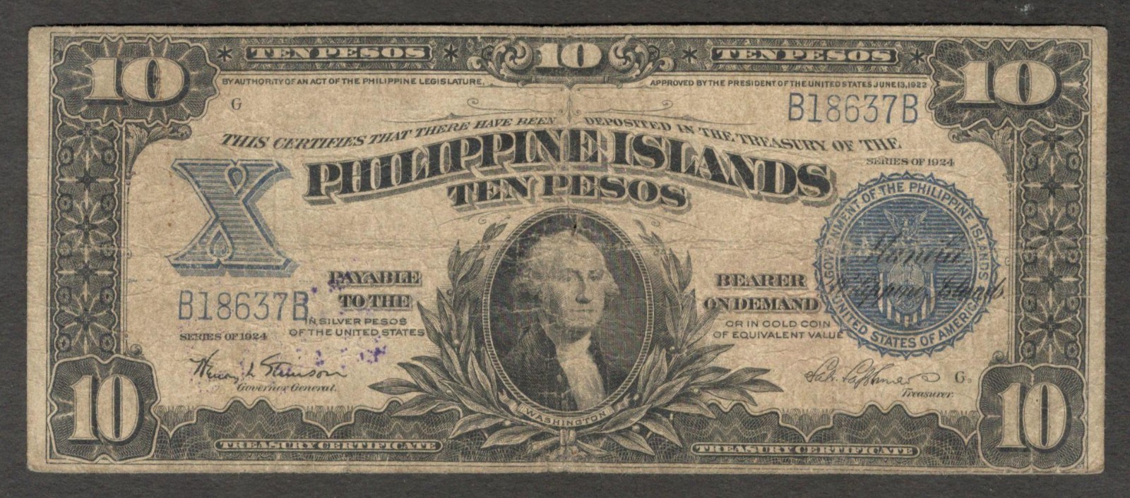 Philippines Islands 10 Pesos George Washington P-71 1924 Fine