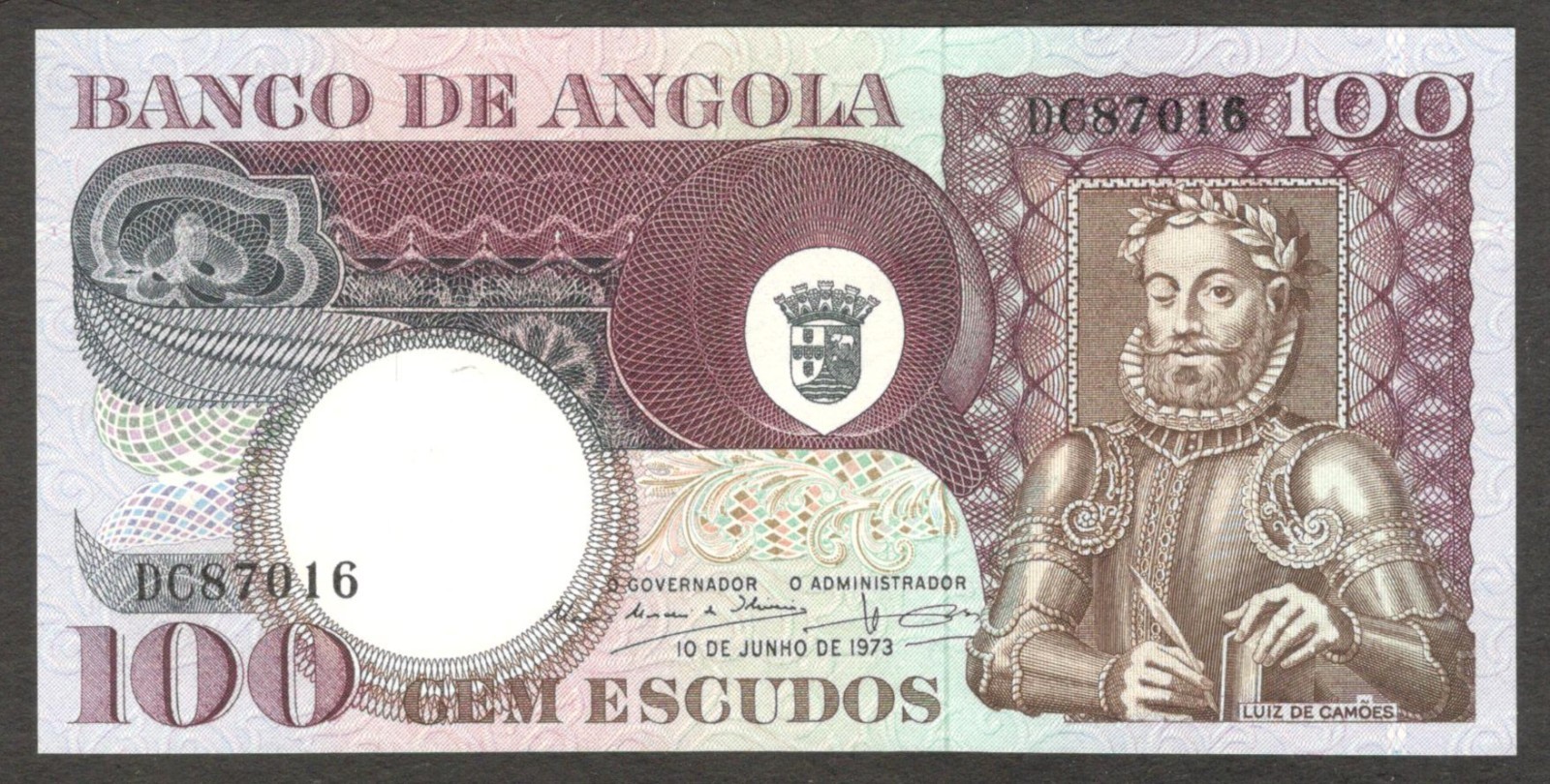 Angola 100 Escudos Luiz de Camões P-106 1973 UNC