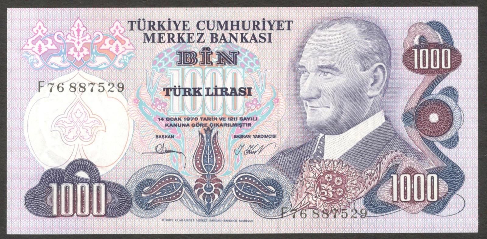 Turkey 1000 1,000 Turk Lira Kemal Ataturk P-191 UNC-