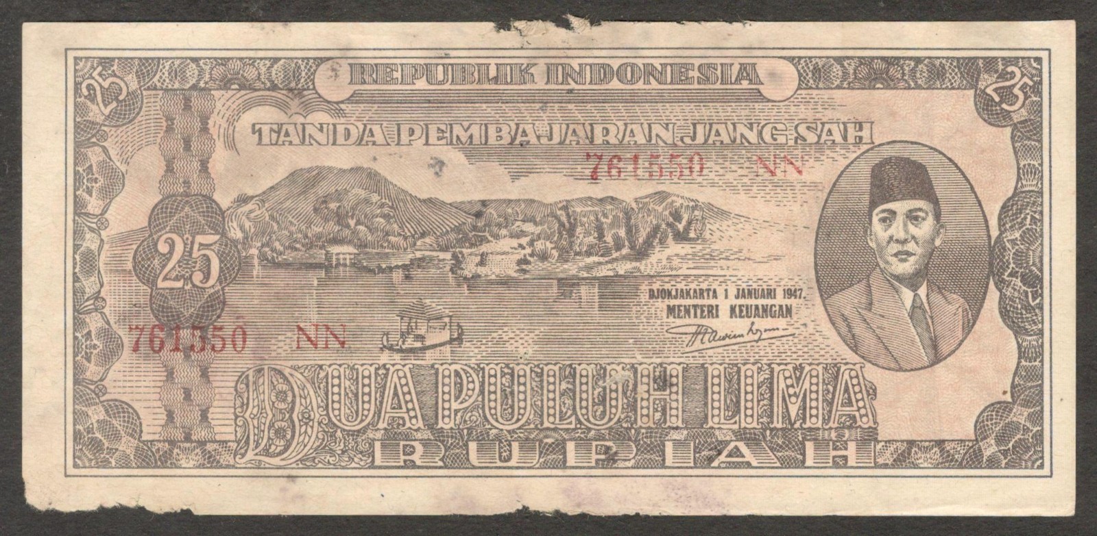 Indonesia Oeang Republik (ORI) 25 Rupiah President Sukarno P-23 1947 XF