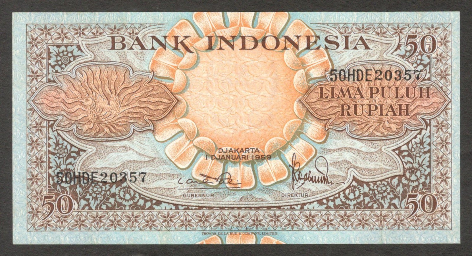Indonesia 50 Rupiah Lotus Flower P-68 1959 UNC