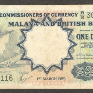Malaya & British Borneo Malaysia 1 Dollar Thomas de La Rue P-8A 1959 XF