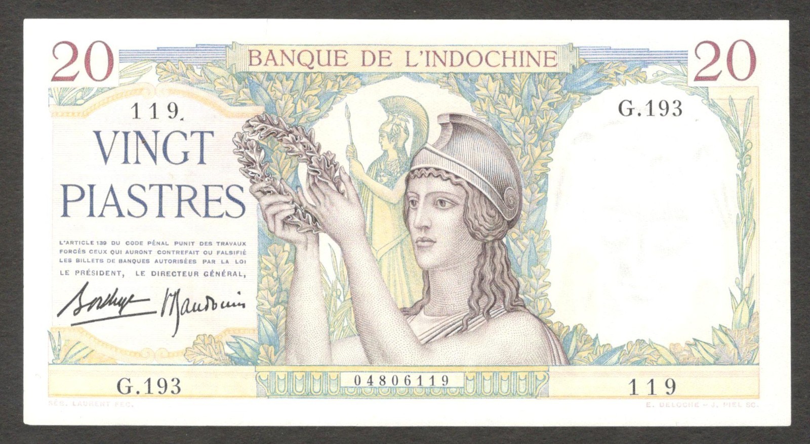 French Indochina Vietnam 20 Piastres Athena P-56b 1936 - 1939 aUNC Tear