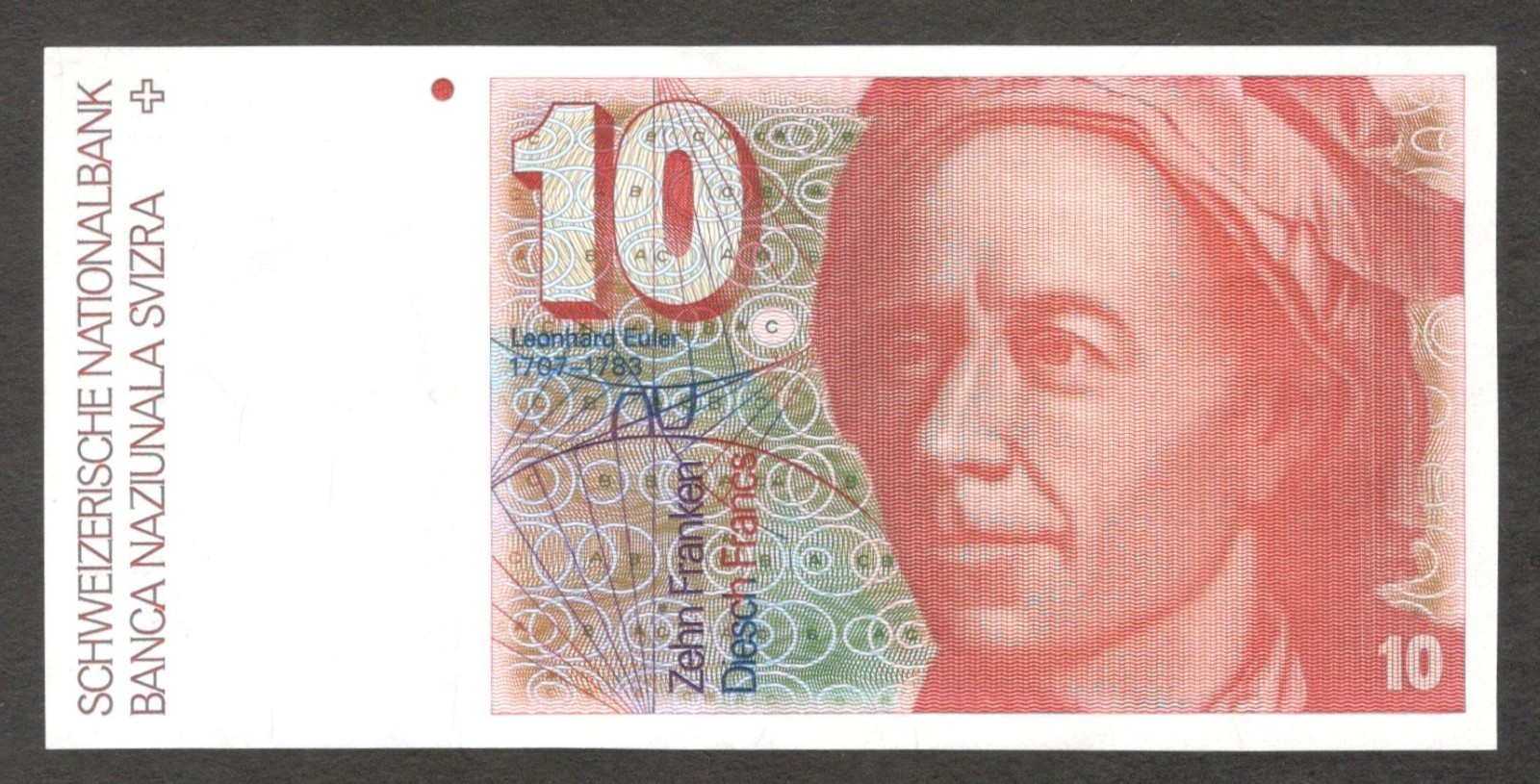Switzerland 10 Francs Franken Leonhard Euler P-53h 1990 aUNC