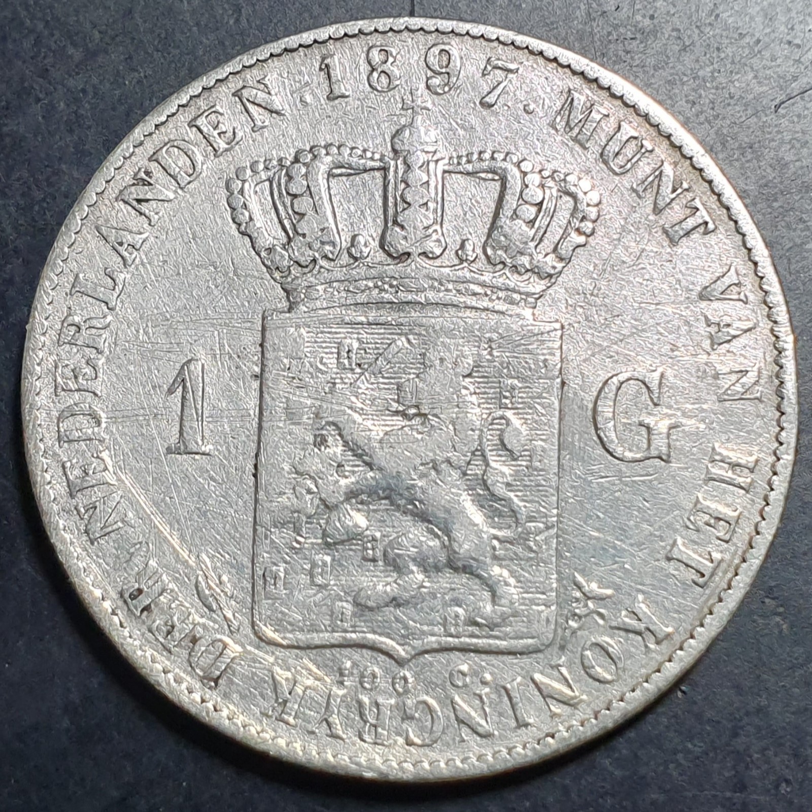 Netherlands 1 Gulden Wilhelmina Long Hair 1897 VF - Image 2