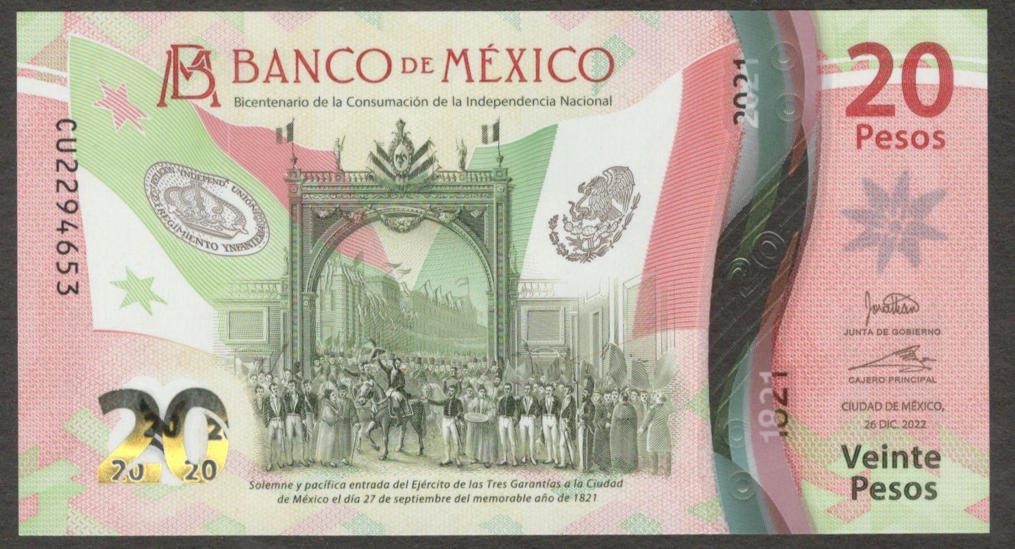 Mexico 20 Pesos Polymer Commemorative Nacional Independence P-132 2022 UNC