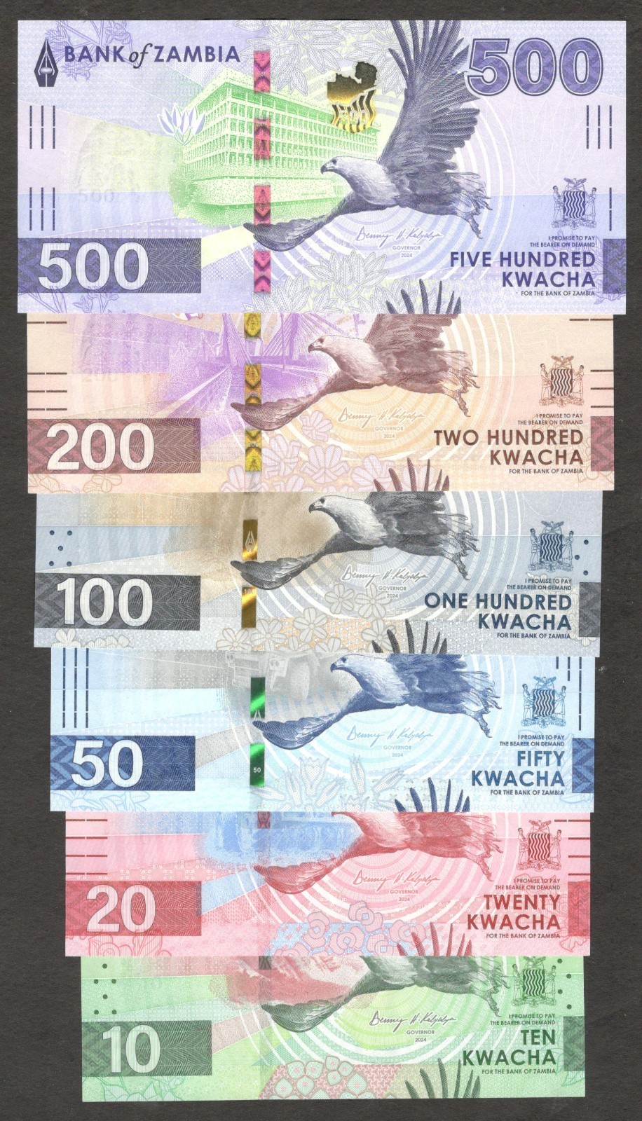 Zambia Full Set 6 Pcs 10 20 50 100 200 500 Kwacha P-62 63 64 65 67 2024 2025 UNC