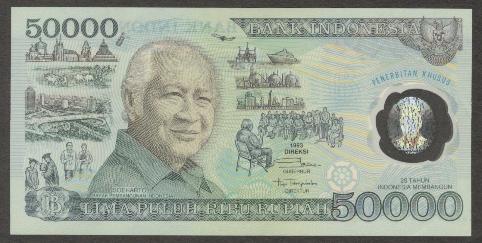 Indonesia 50000 50,000 Rupiah Soeharto Commemorative Polymer P-134 1993 aUNC