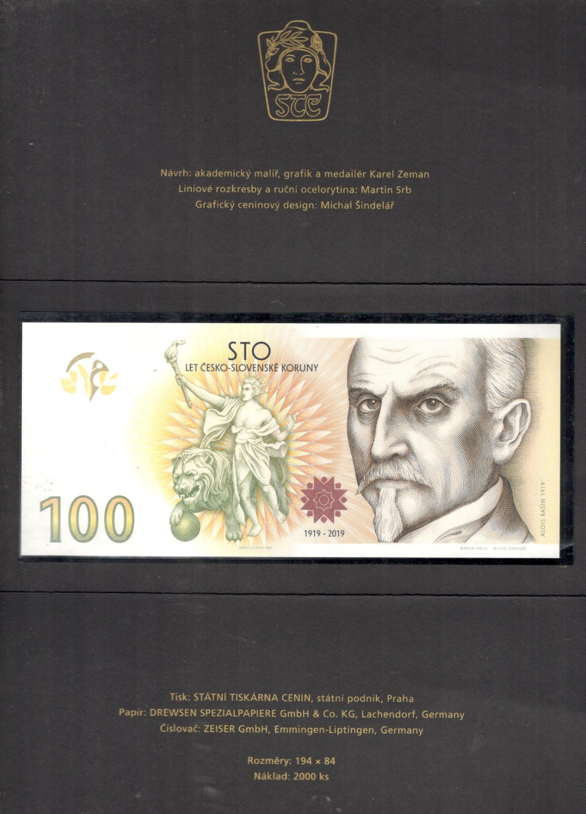Czech Republic 100 Korun Commemorative Alois Rasin 2019 UNC Incl. Folder
