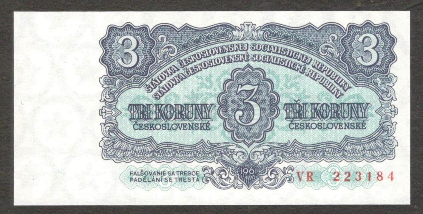 Czechoslovakia 3 Korun Prefix & Serial 3mm P-81b 1961 UNC