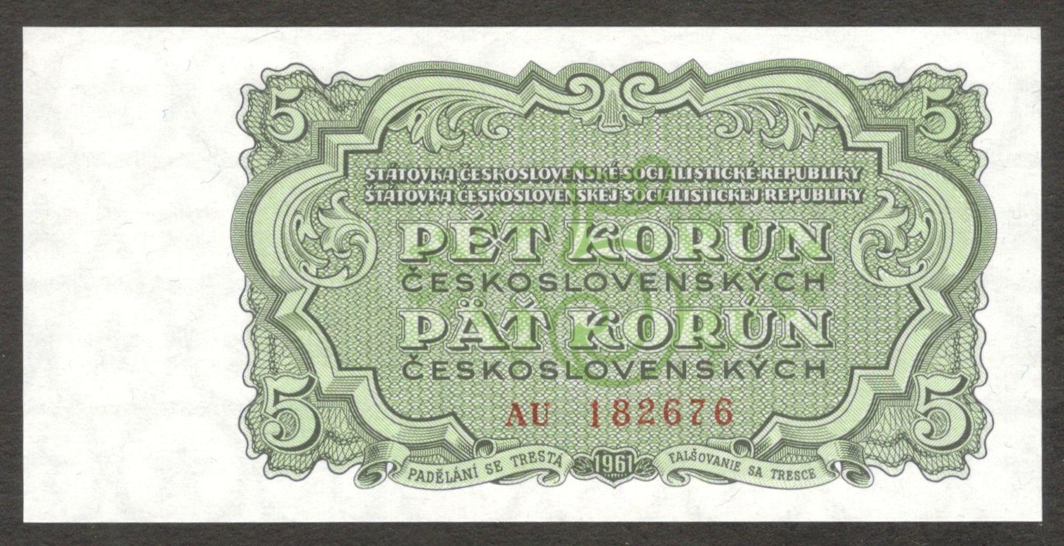 Czechoslovakia 5 Korun Prefix & Serial 2.5 mm P-82a 1961 UNC
