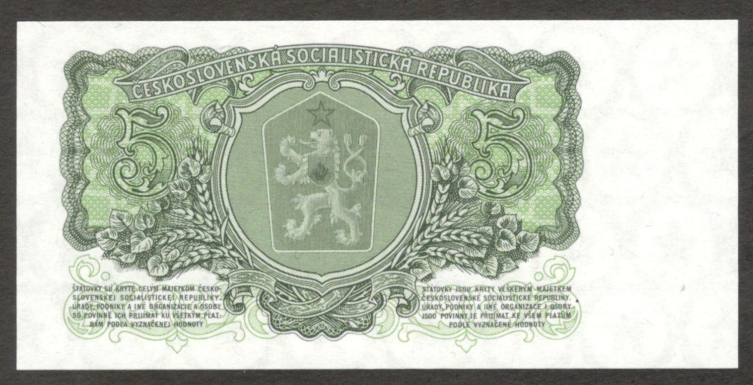 Czechoslovakia 5 Korun Prefix & Serial 2.5 mm P-82a 1961 UNC - Image 2
