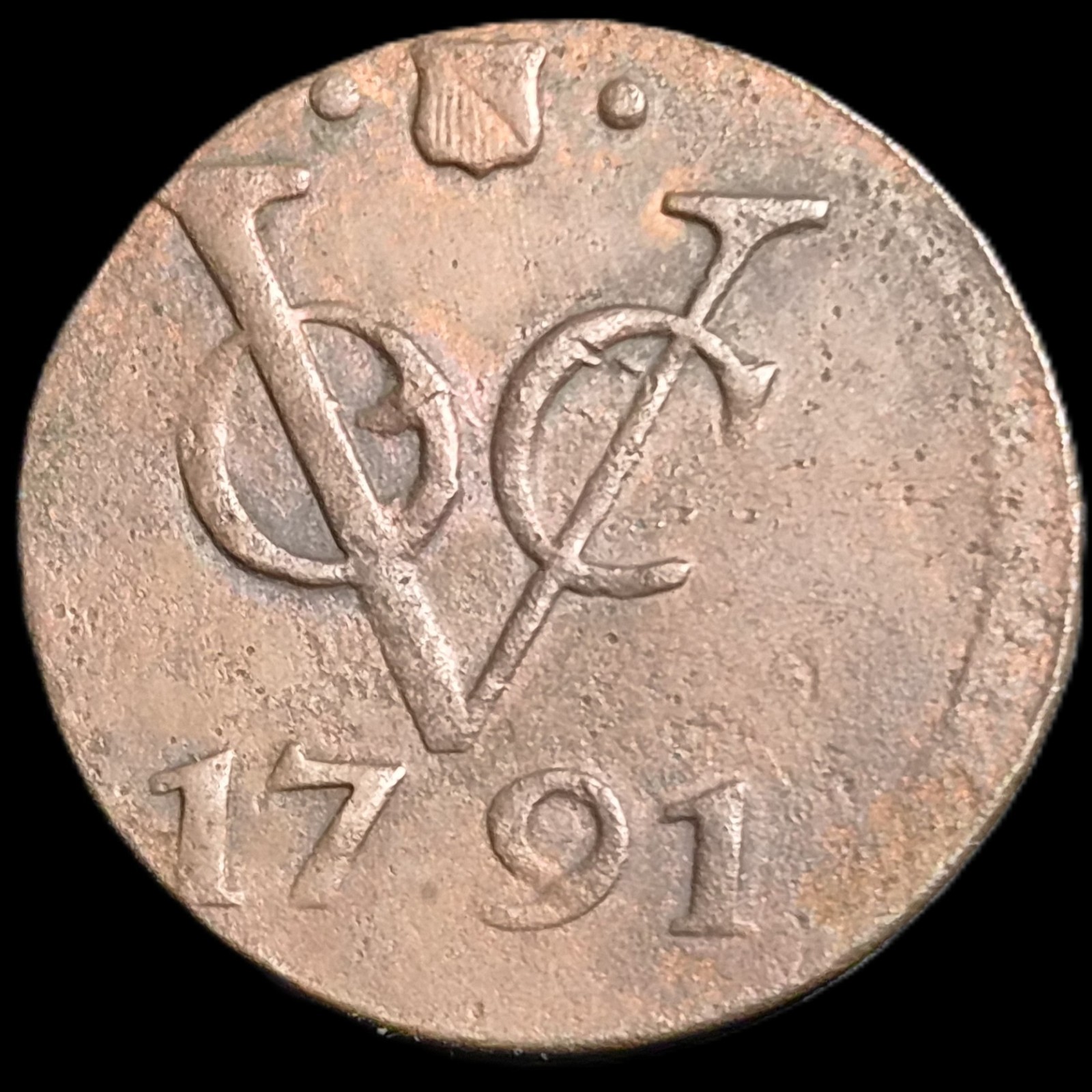 Netherlands Indies VOC Utrecht Indonesia 1 One Duit ERROR 1791 Shield Mintmark