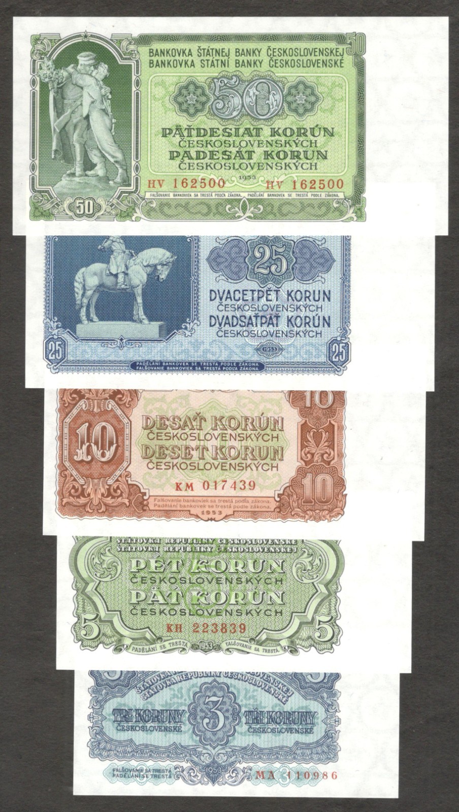 Czechoslovakia 3 5 10 25 50 Korun P-79 80 83 84 85 1953 UNC