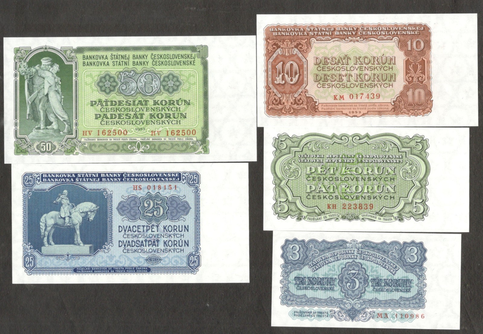 Czechoslovakia 3 5 10 25 50 Korun P-79 80 83 84 85 1953 UNC - Image 3