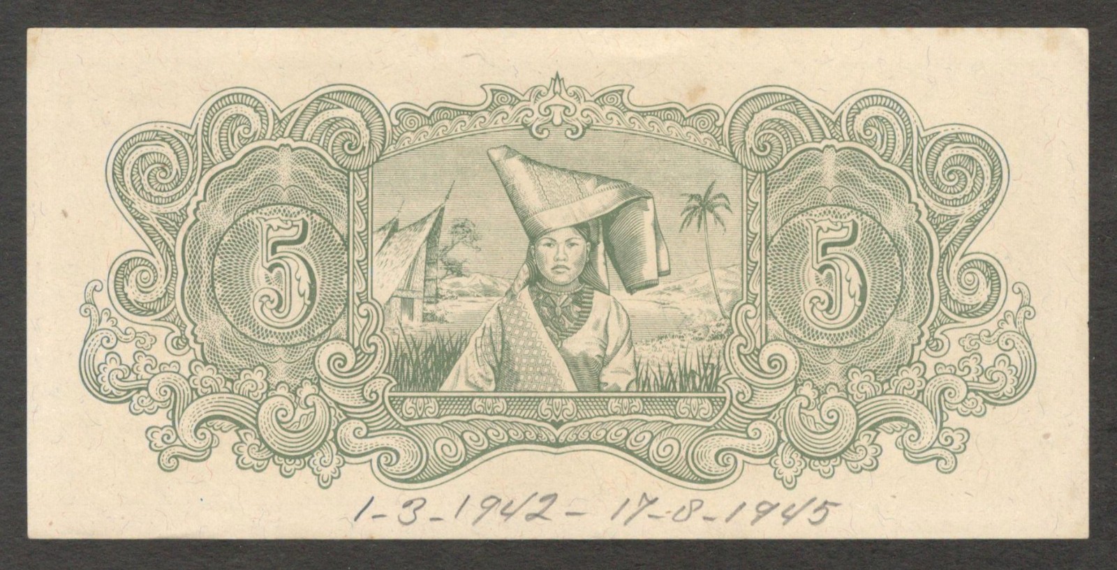 Netherlands Indies Japanese Occupation Indonesia 5 Roepiah Rupiah P-130 1944 AU - Image 2