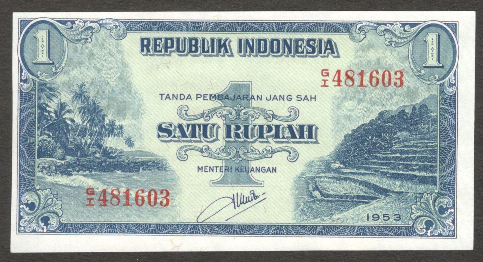 Indonesia 1 Rupiah Rice Paddy P-40 1953 UNC
