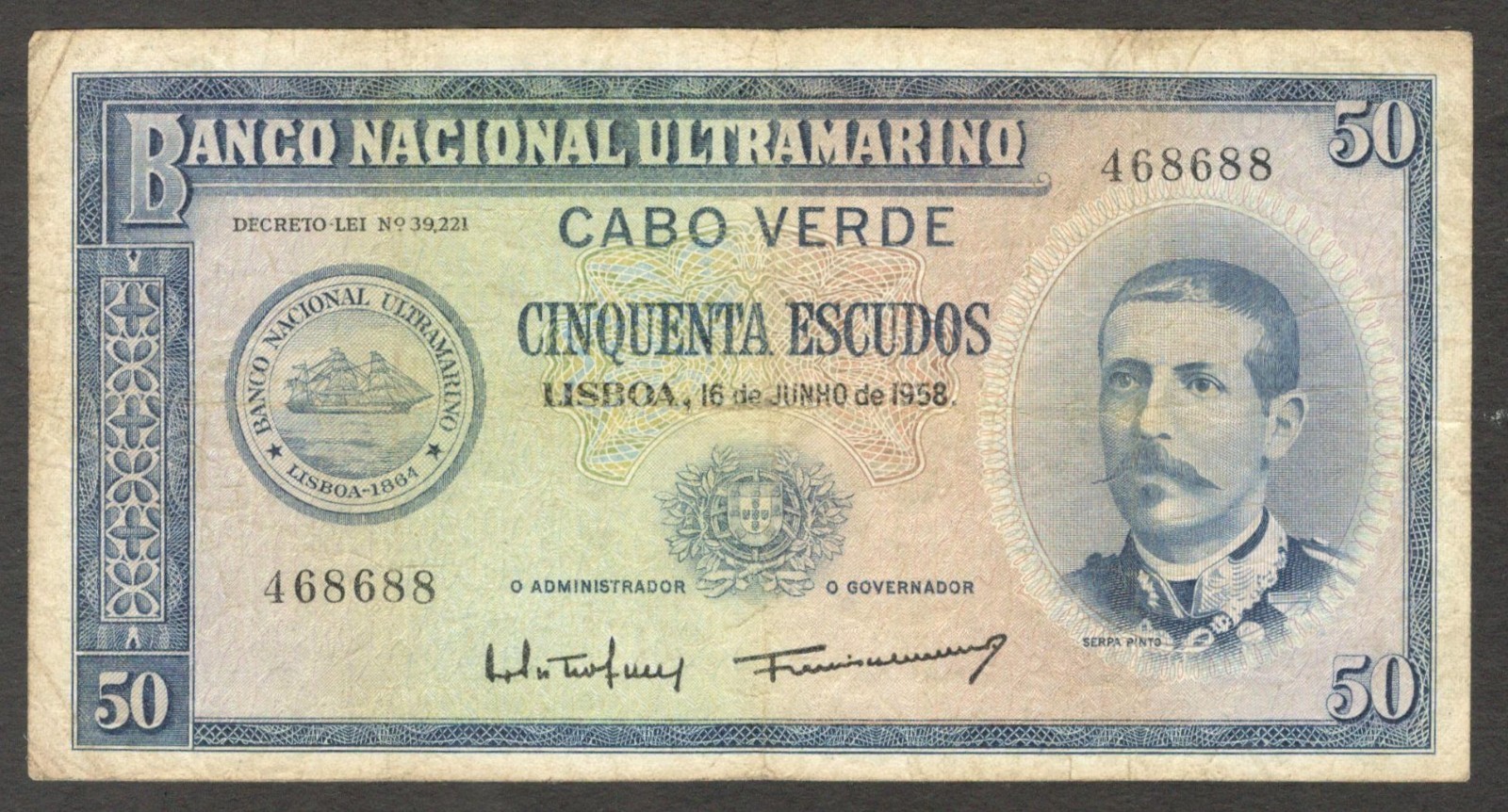 Cape Verde Cabo 50 Escudos Serpa Pinto P-48a(3) 1958 VF No Hole