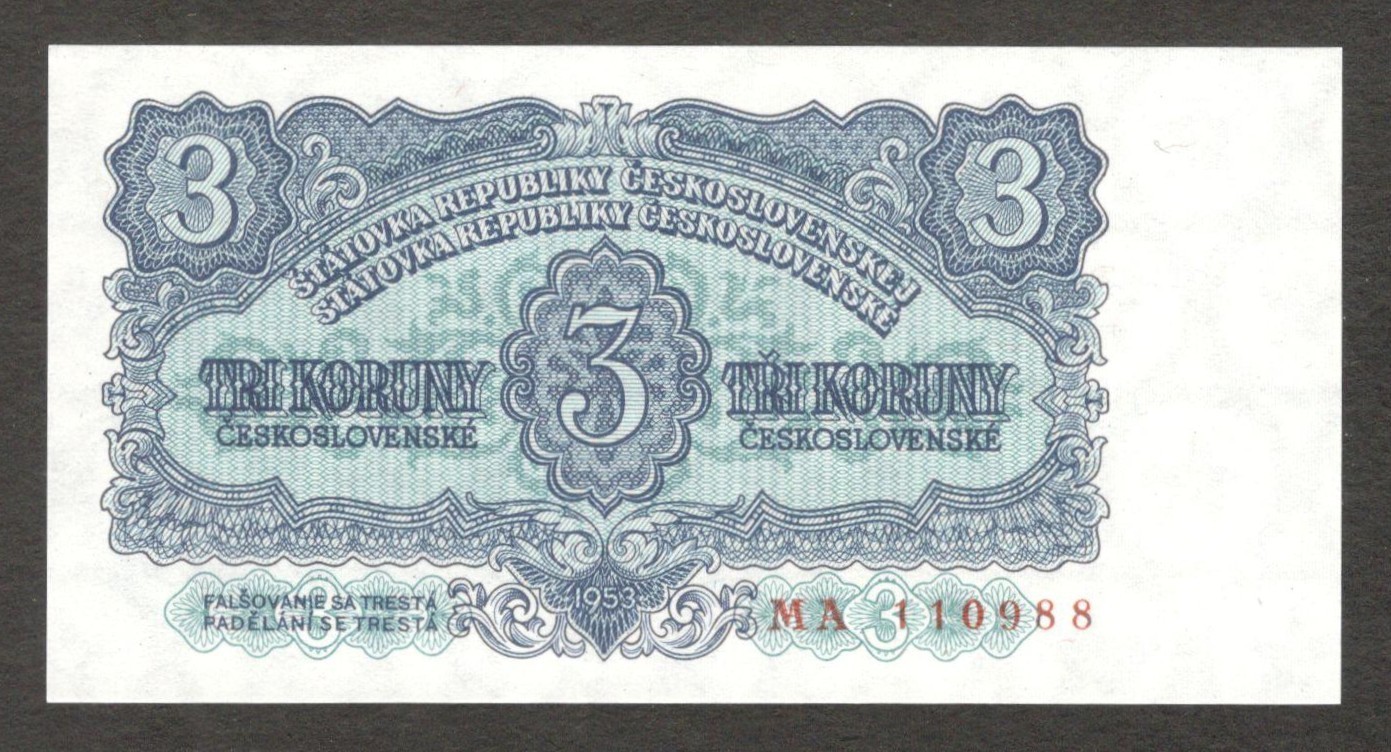 Czechoslovakia 3 Korun Prague Mint P-79b 1953 UNC