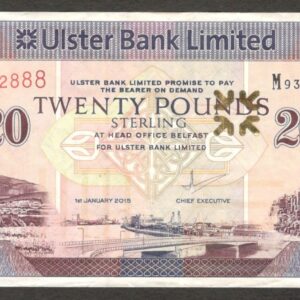 Northern Ireland Ulster Bank 20 Pounds Belfast P-342b 2015 VF Crisp