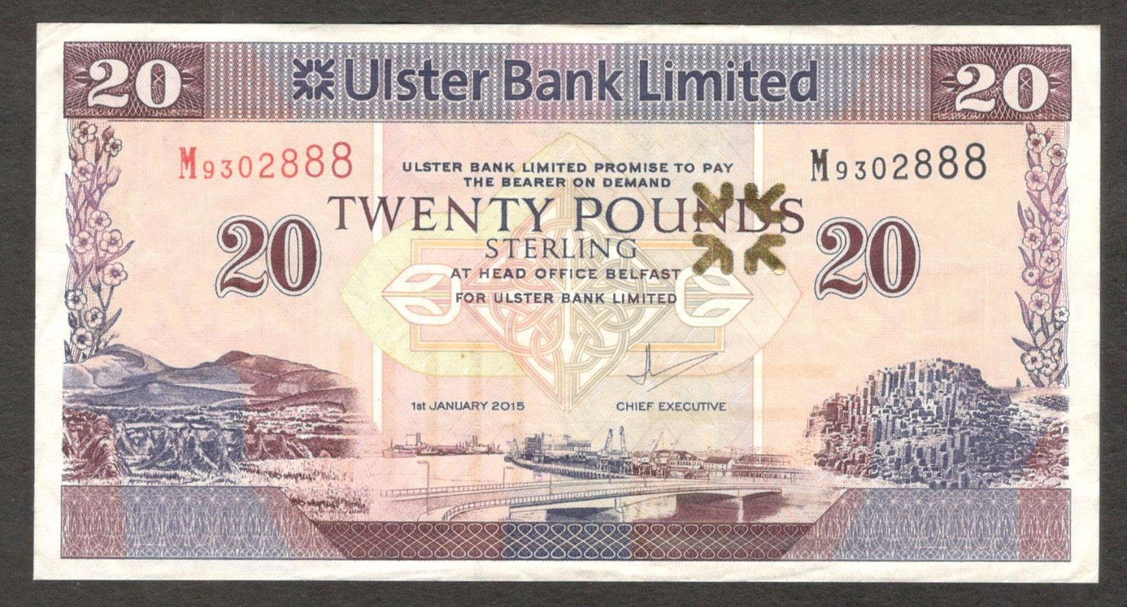 Northern Ireland Ulster Bank 20 Pounds Belfast P-342b 2015 VF Crisp