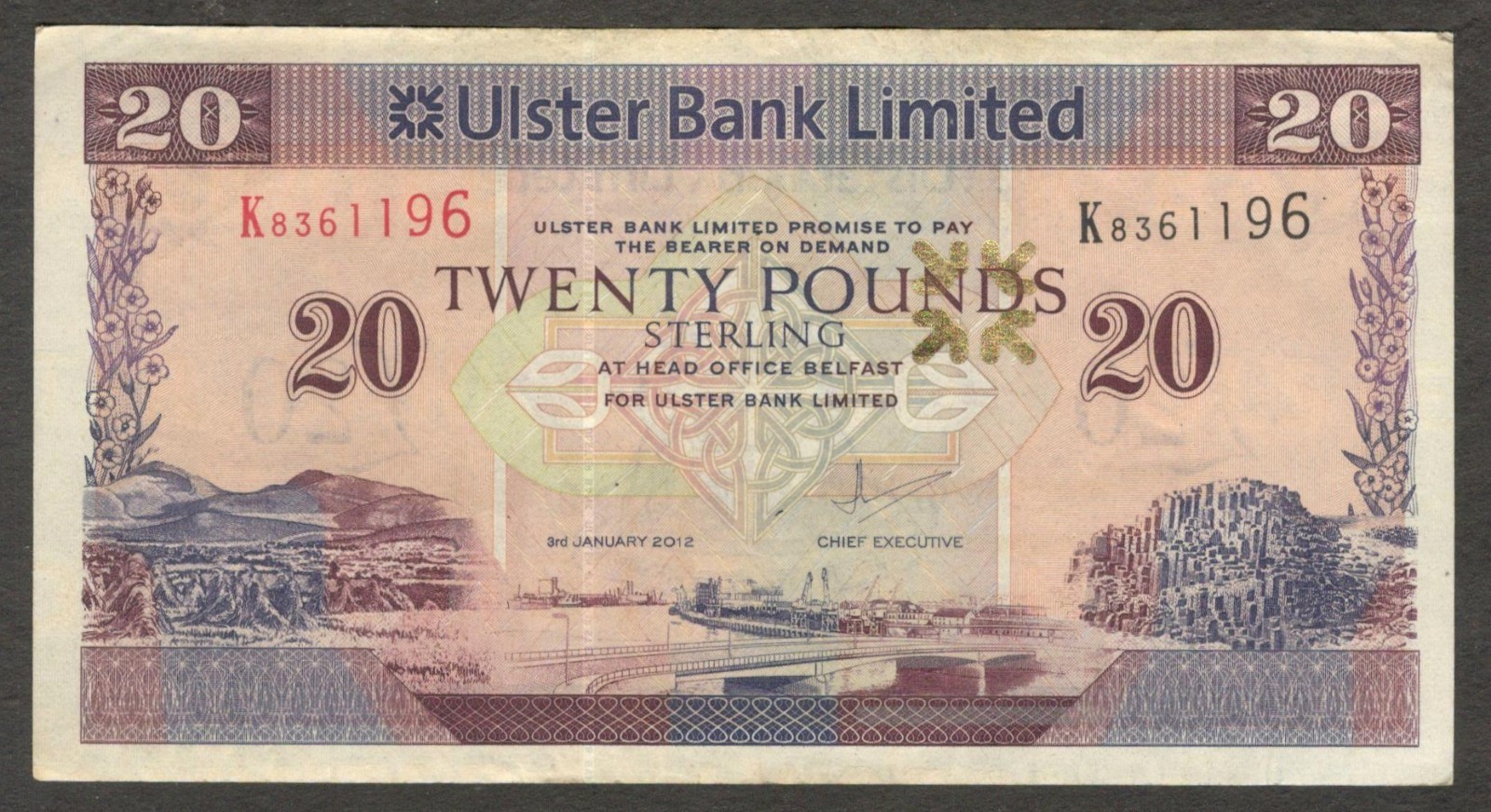 Northern Ireland United Kingdom Ulster Bank 20 Pounds P-342b 2012 VF Crisp