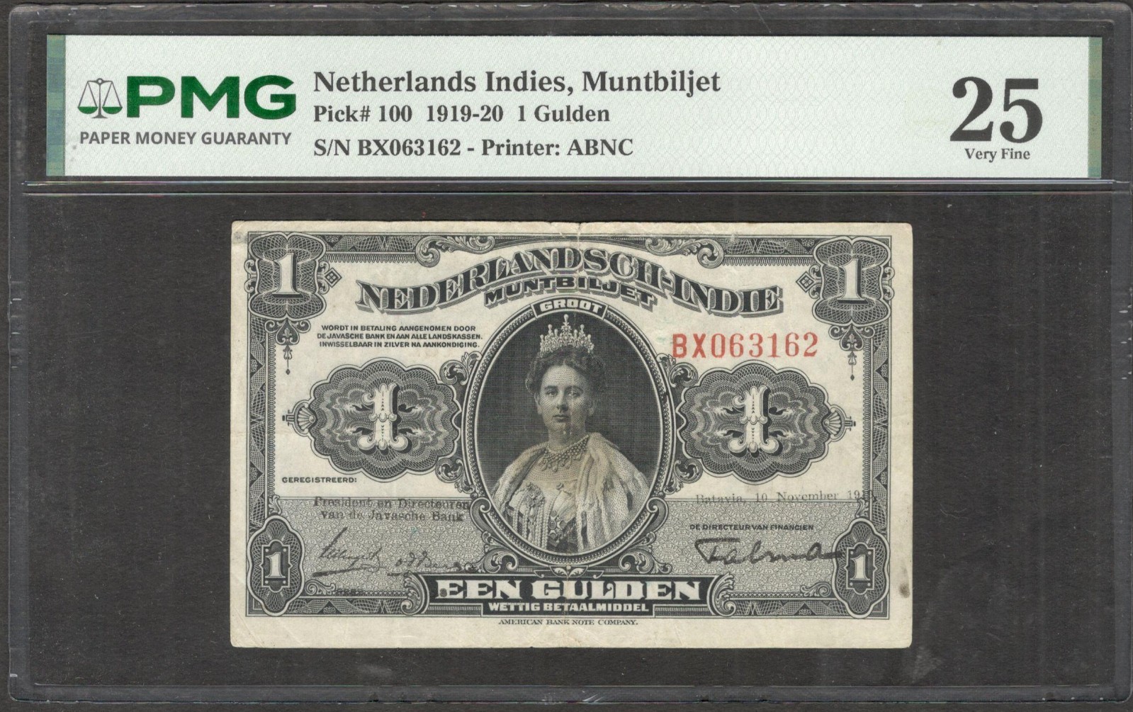 Netherlands Indies Indonesia 1 Gulden Queen Wilhelmina P-100 1919 PMG 25 VF