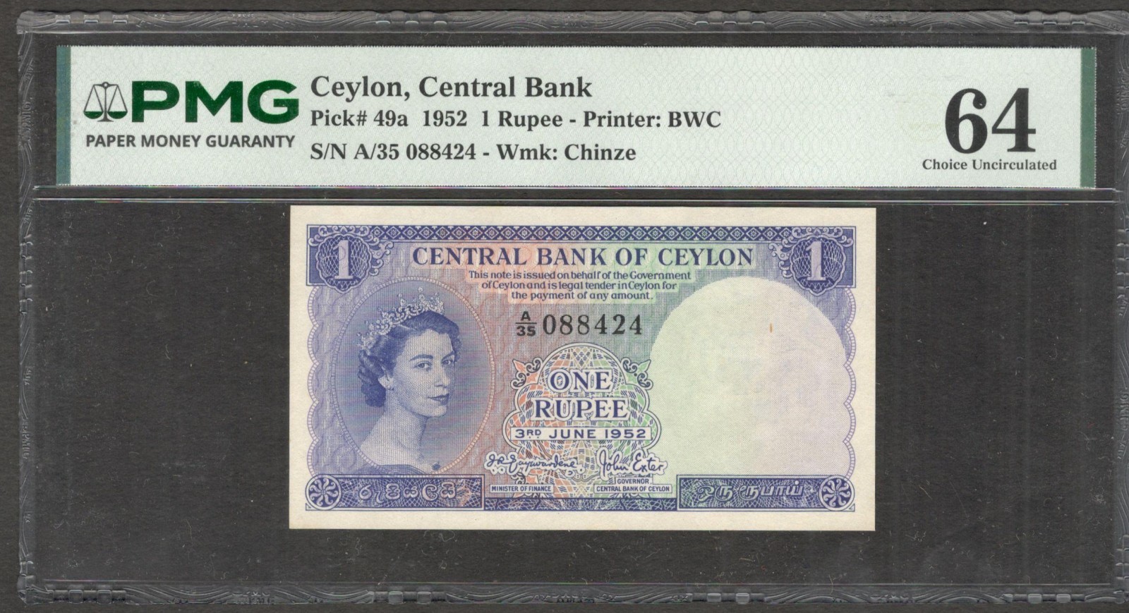 Sri Lanka Ceylon 1 Rupee Queen Elizabeth II P-49a 1952 PMG 64 Ch UNC No Remark