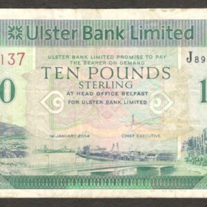 Northern Ireland Ulster Bank 10 Pounds Belfast P-341b 2014 VF