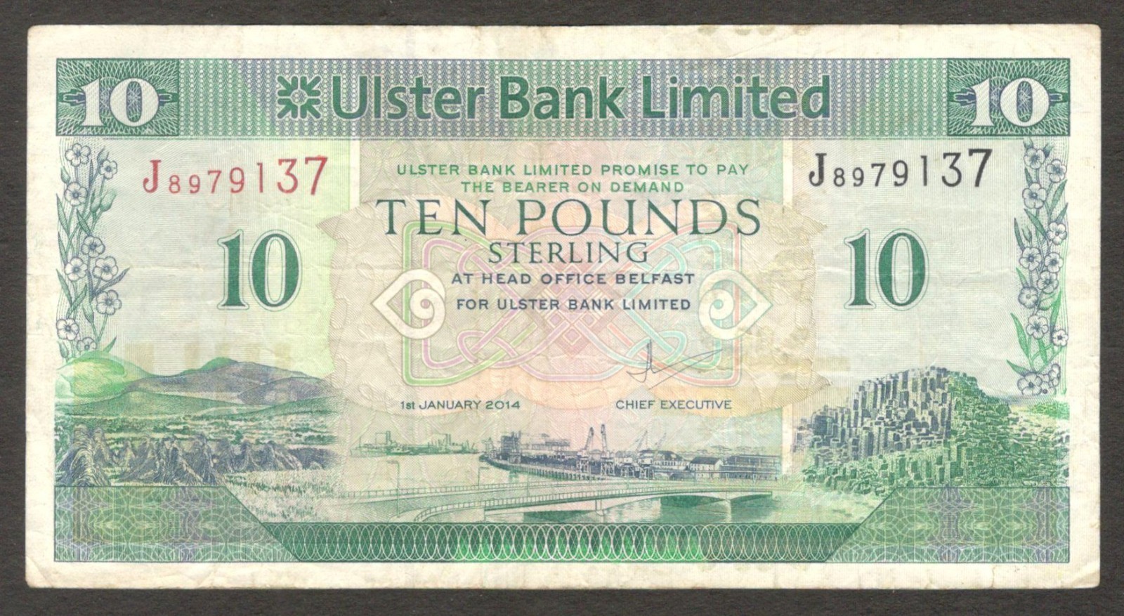 Northern Ireland Ulster Bank 10 Pounds Belfast P-341b 2014 VF