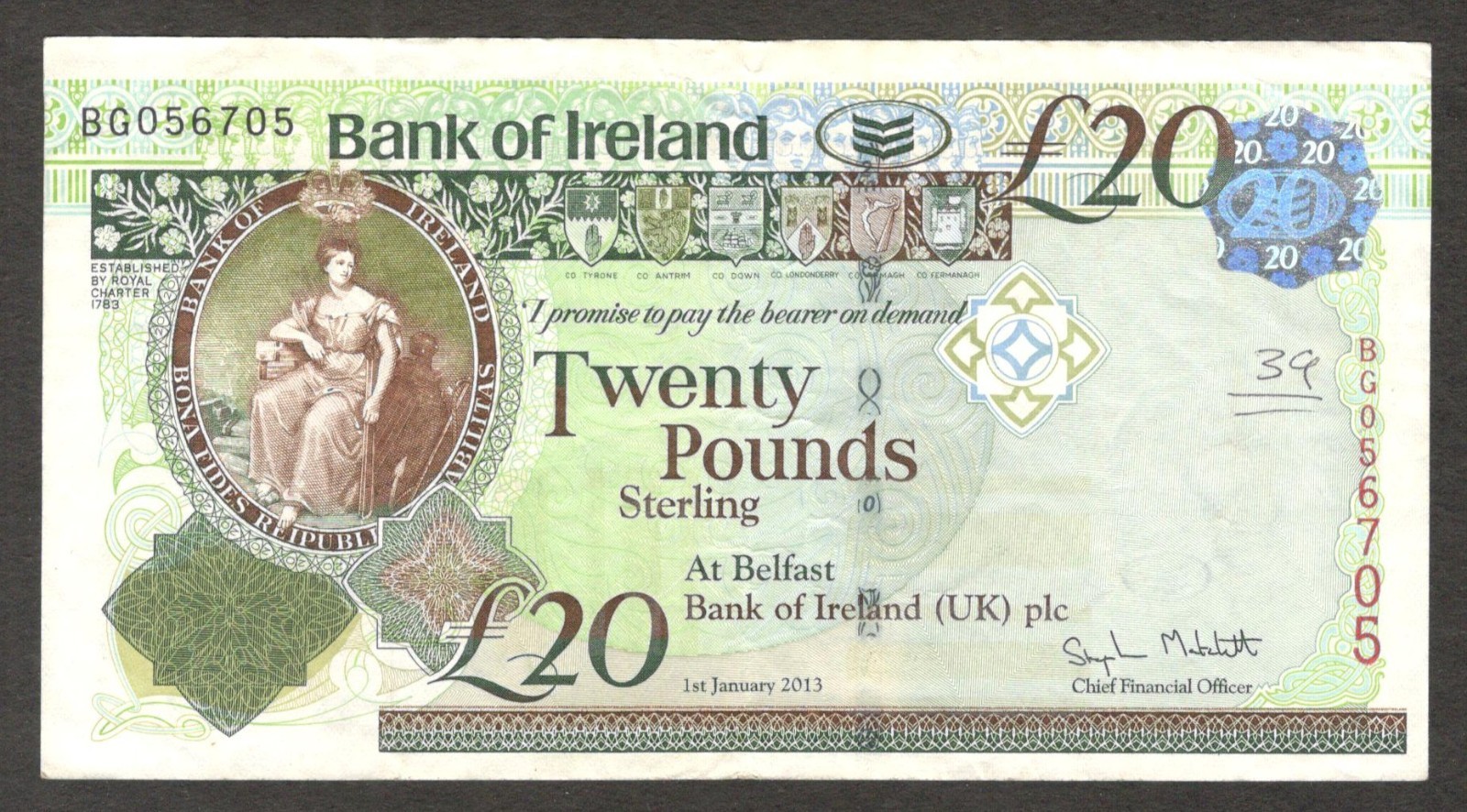 Northern Ireland Bank of Ireland 20 Pounds Belfast P-88 2013 VF Crisp