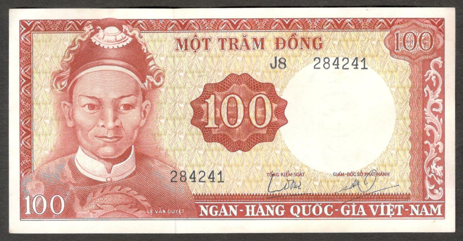 Vietnam South 100 Dong Le Van Duyet Wmk Potrait P-19b 1966 UNC