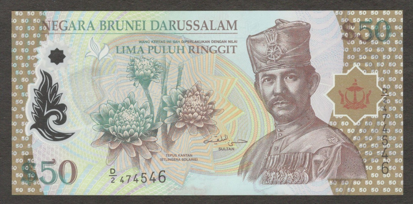 Brunei Darussalam 50 Ringgit Dollars Hassanal Bolkiah Polymer P-28 2004 UNC