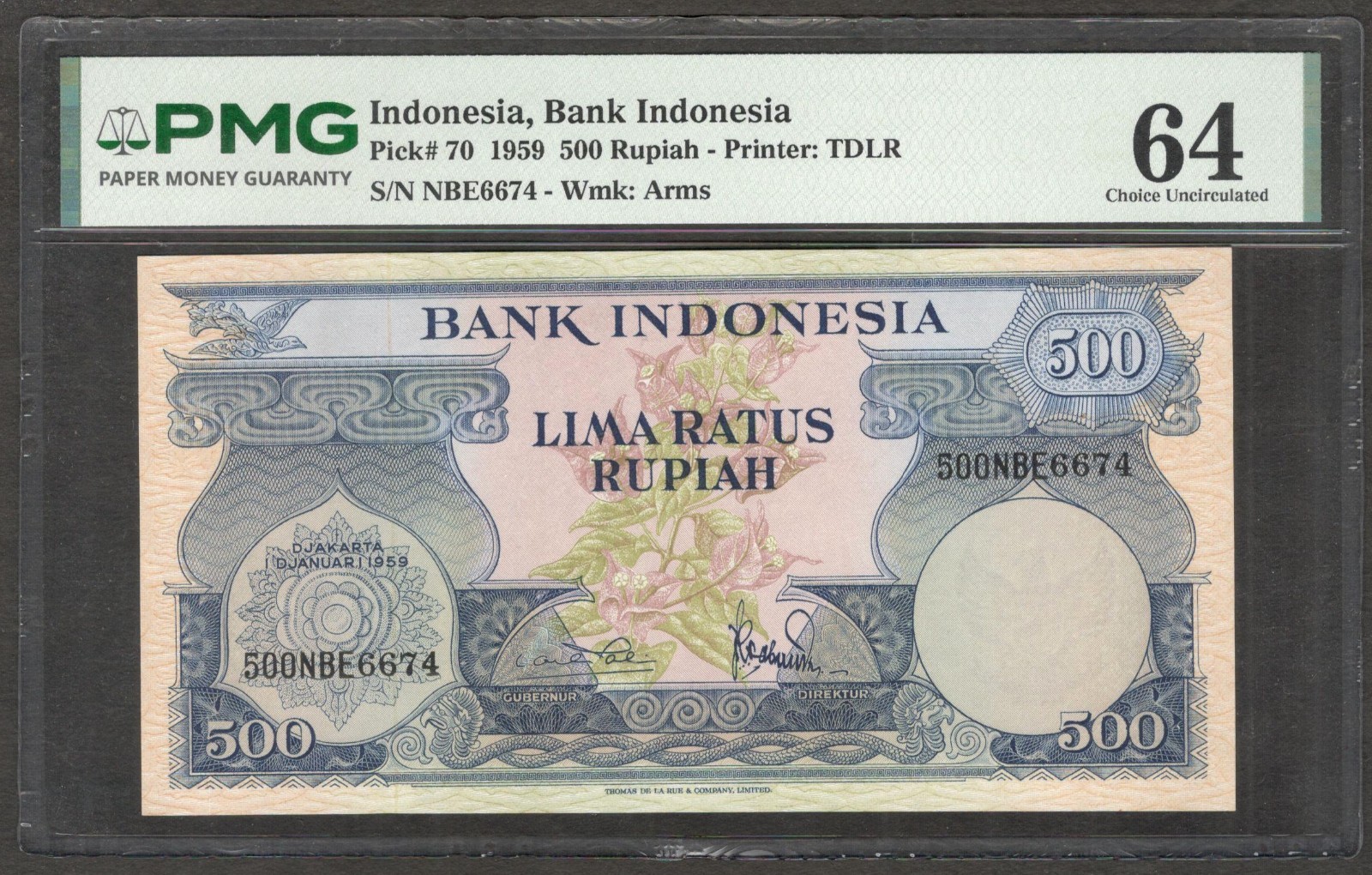 Indonesia 500 Rupiah Flower & Gallus Varius P-70a 1959 PMG 64 UNC No Remark