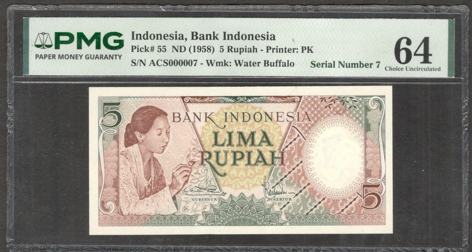 Indonesia 5 Rupiah Batik Serial Number 007 P-55 1958 PMG 64 CH UNC No Remark
