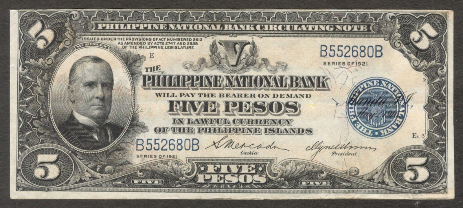 Philippines National Bank 5 Pesos McKinley P-53 1921 VF+