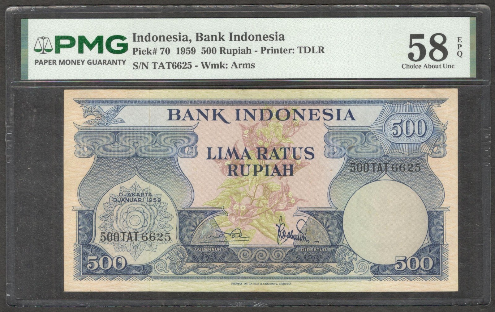Indonesia 500 Rupiah Flower & Gallus Varius P-70a 1959 PMG 58 EPQ CH aUNC