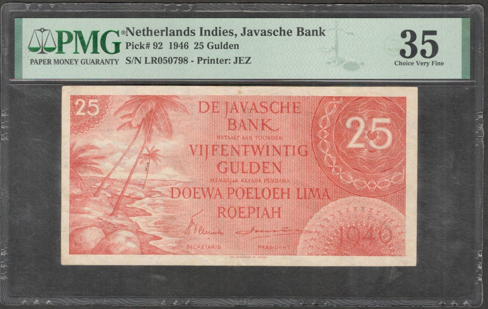 Netherlands Indies Indonesia 25 Gulden Coconut Tree Red P-92 1946 PMG 35 Ch VF