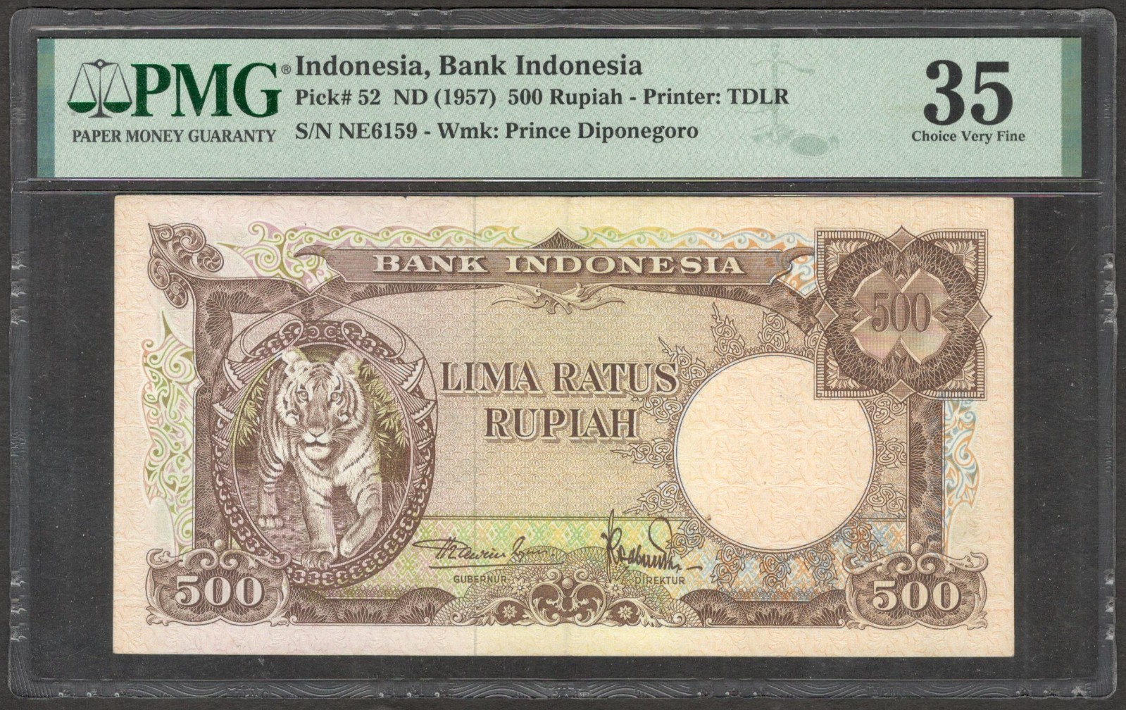Indonesia 500 Rupiah Tiger 老虎 P-52 1957 PMG 35 Ch VF No Remark